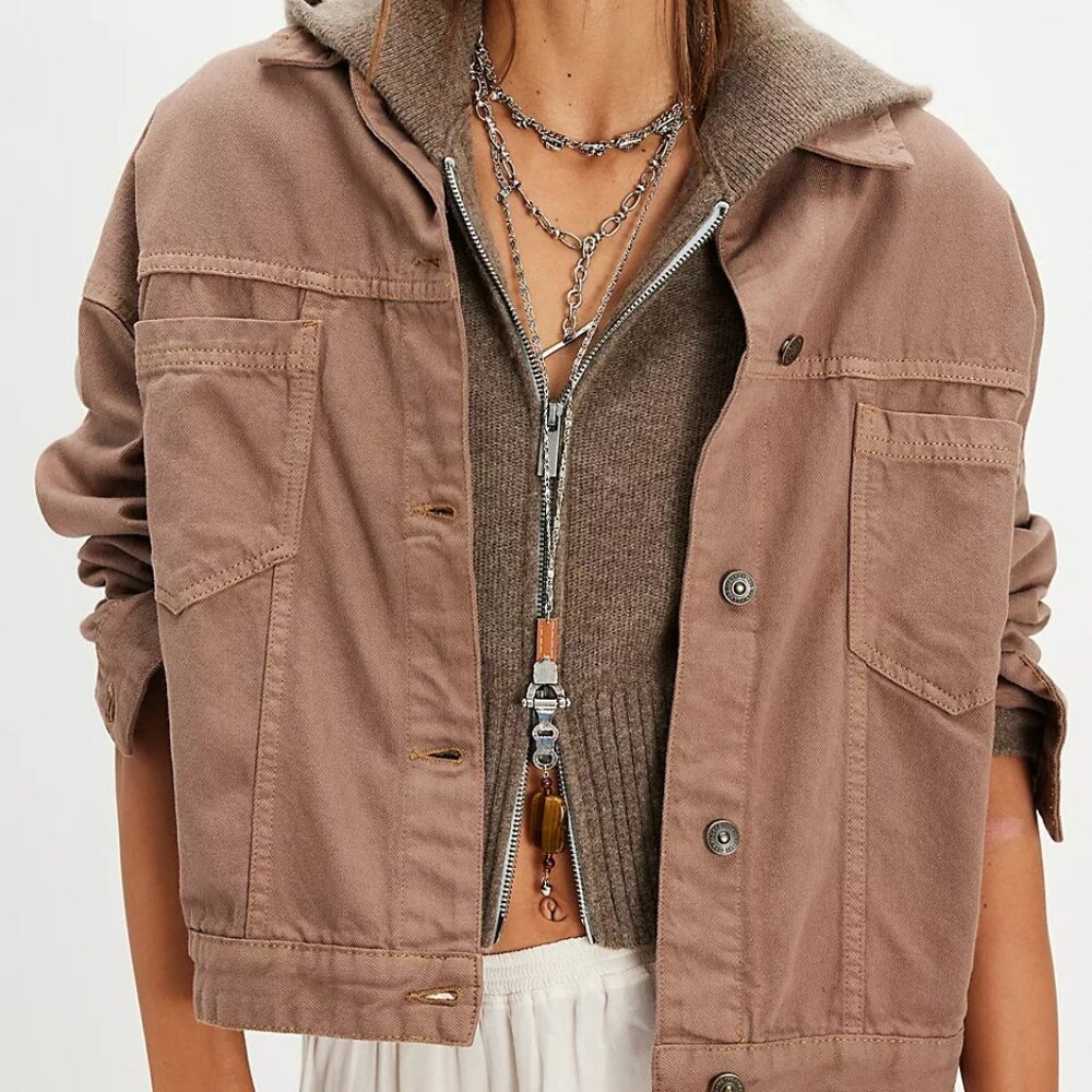 Free People Opal Swing Denim Jacket  Dusted Cocoa XL NWT